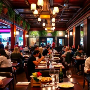 Diners enjoying a meal at a bustling New Orleans restaurant