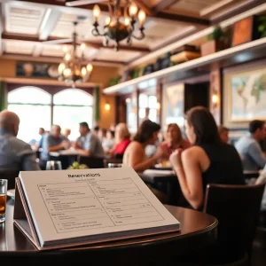 Diners enjoying meals in a New Orleans restaurant with a reservation book on the table.