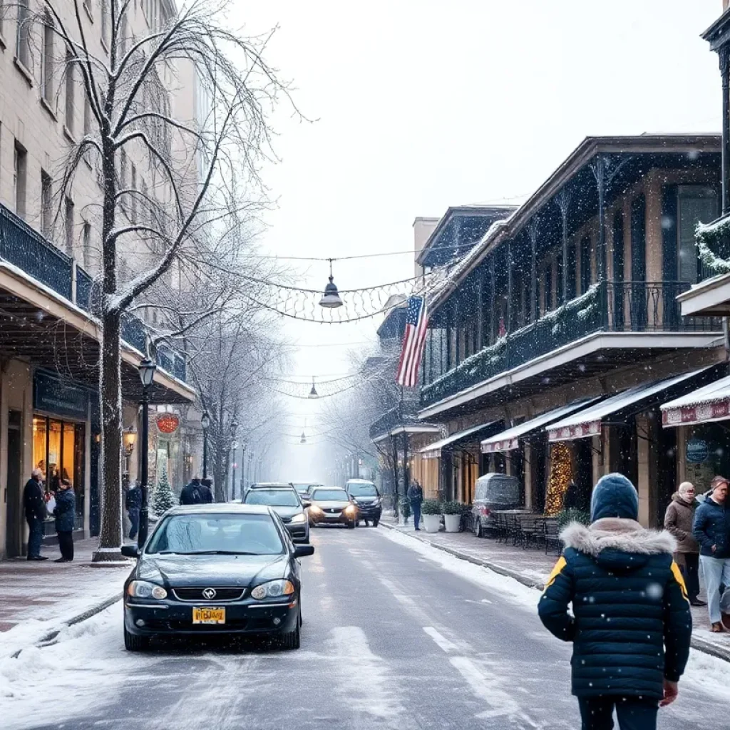 A picturesque view of New Orleans during a winter storm with snow-covered streets and festive decorations.