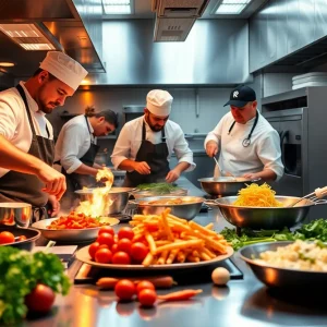 Chefs in a busy kitchen during a cooking competition.