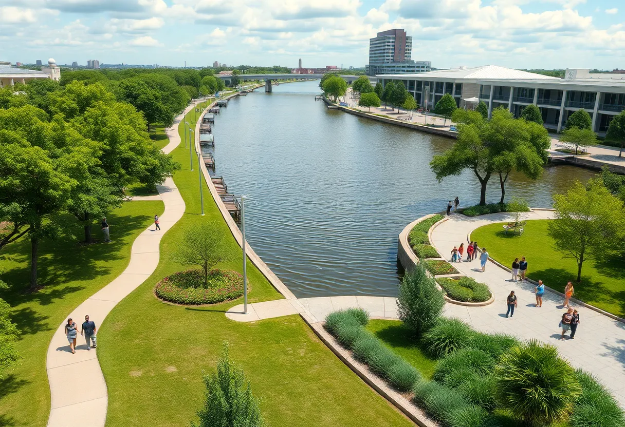 View of the riverfront park development in New Orleans showing green spaces and walking paths