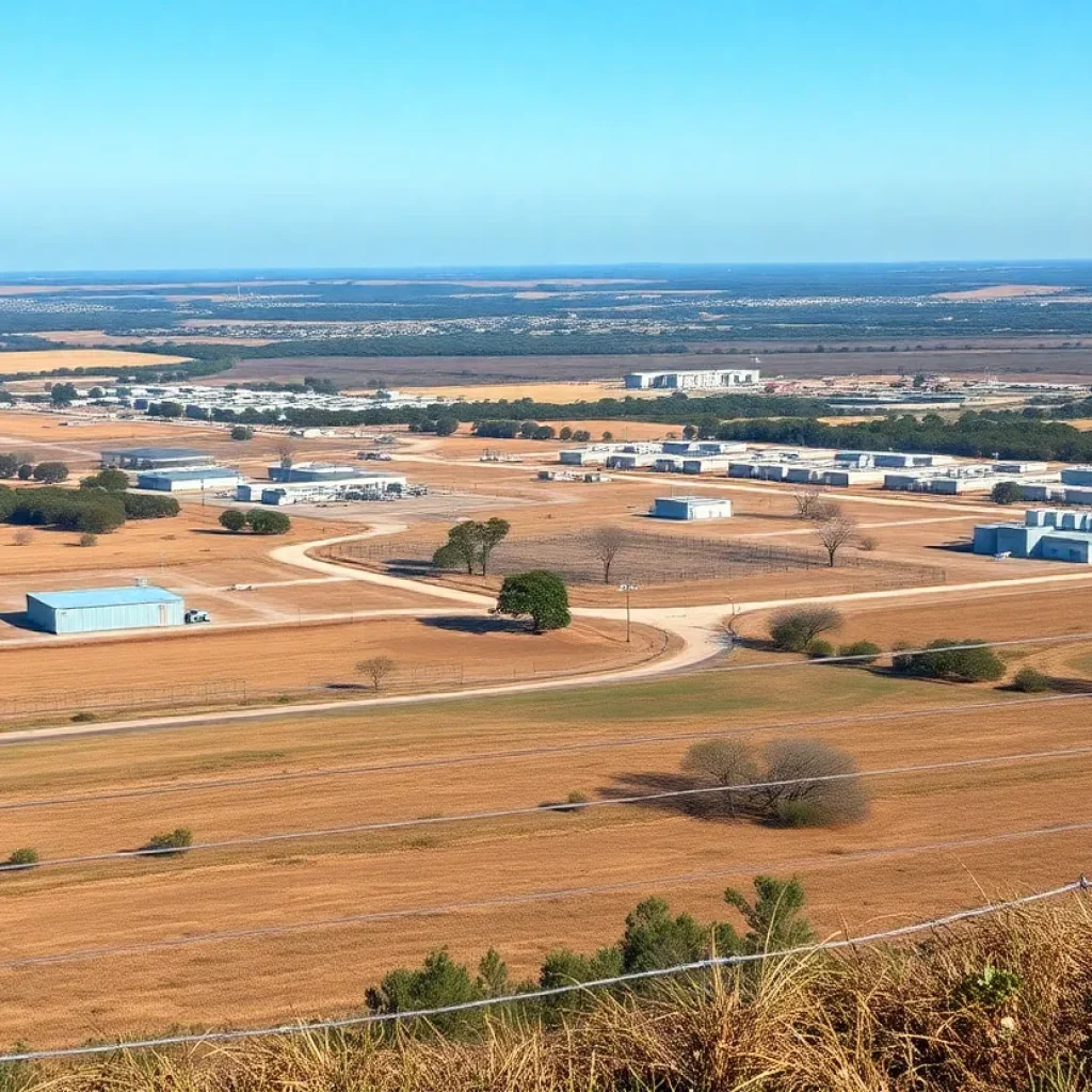 A rural immigration detention center in Louisiana surrounded by barbed wire and sparse vegetation.