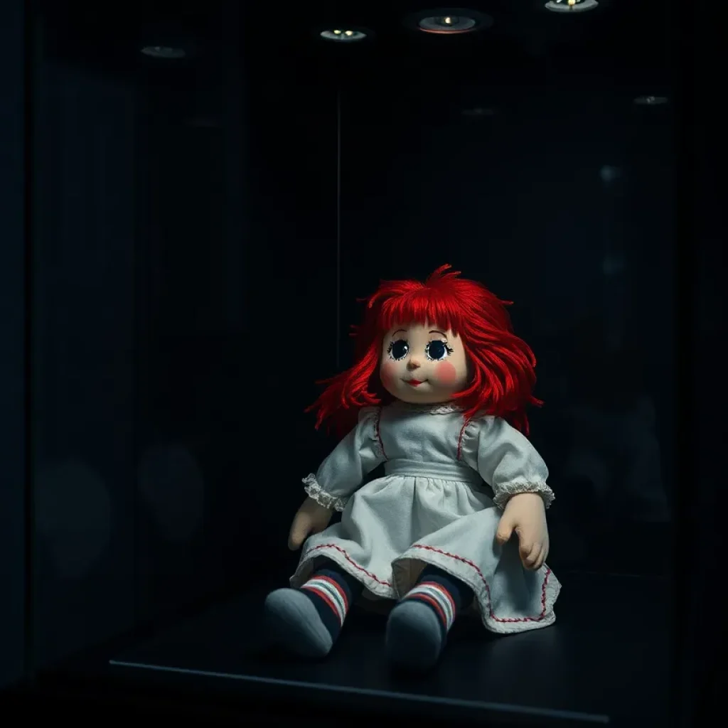 Haunted Annabelle doll displayed in a protective glass case