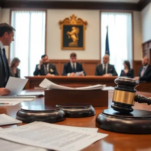 Courtroom scene depicting a class action lawsuit