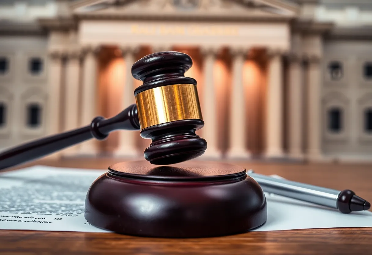 A gavel on legal documents representing bank fraud justice