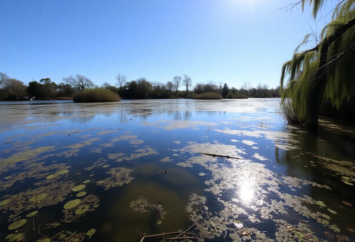 View of Beaver Park pond in New Orleans, highlighting aquatic life and environmental conditions.