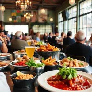 Brunch spread featuring traditional and innovative dishes in a bustling New Orleans restaurant.