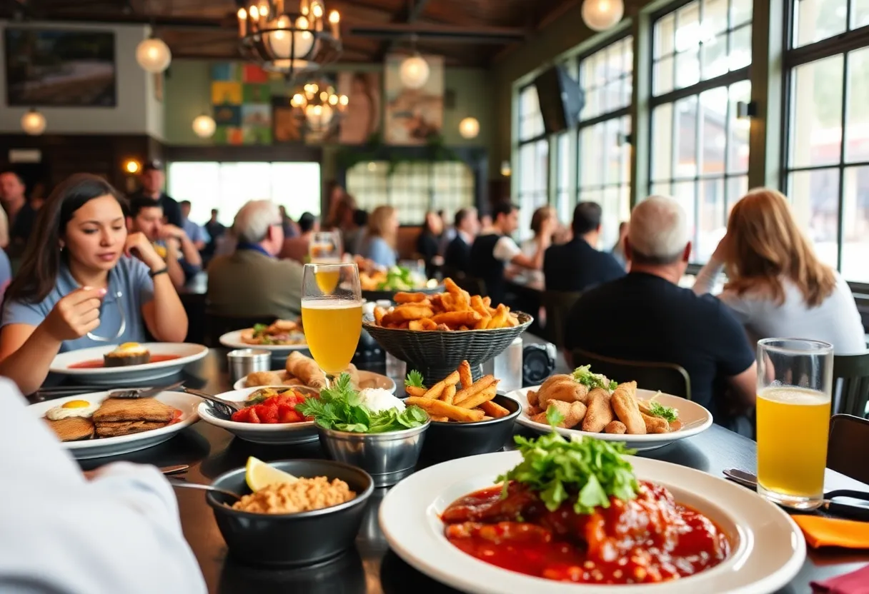 Brunch spread featuring traditional and innovative dishes in a bustling New Orleans restaurant.