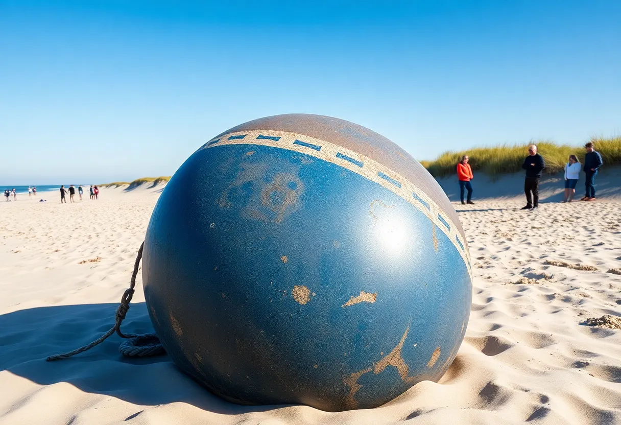 Large steel buoy washed up on Johnson Beach with people in the background
