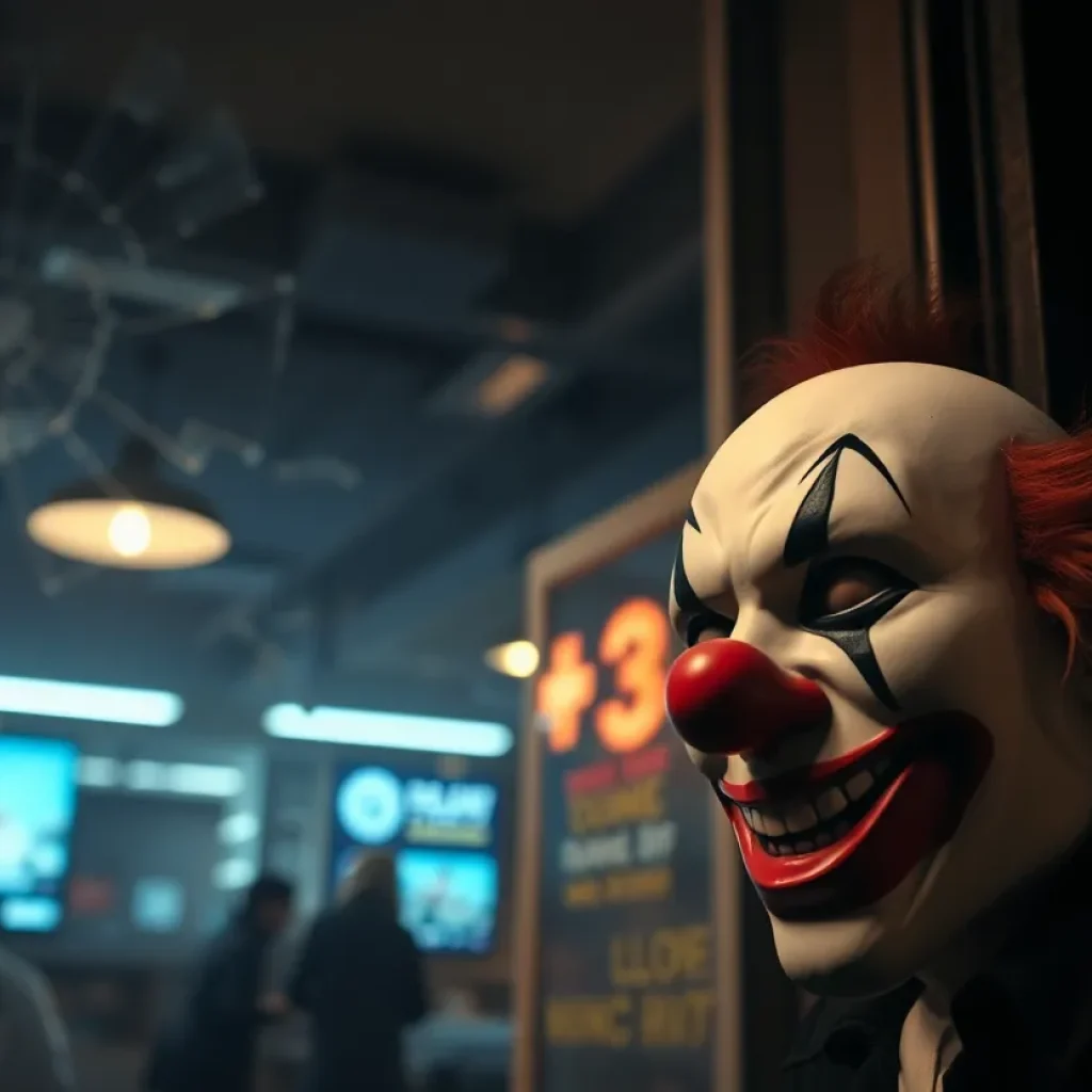 Scene of a burglary with a clown mask visible and shattered window.