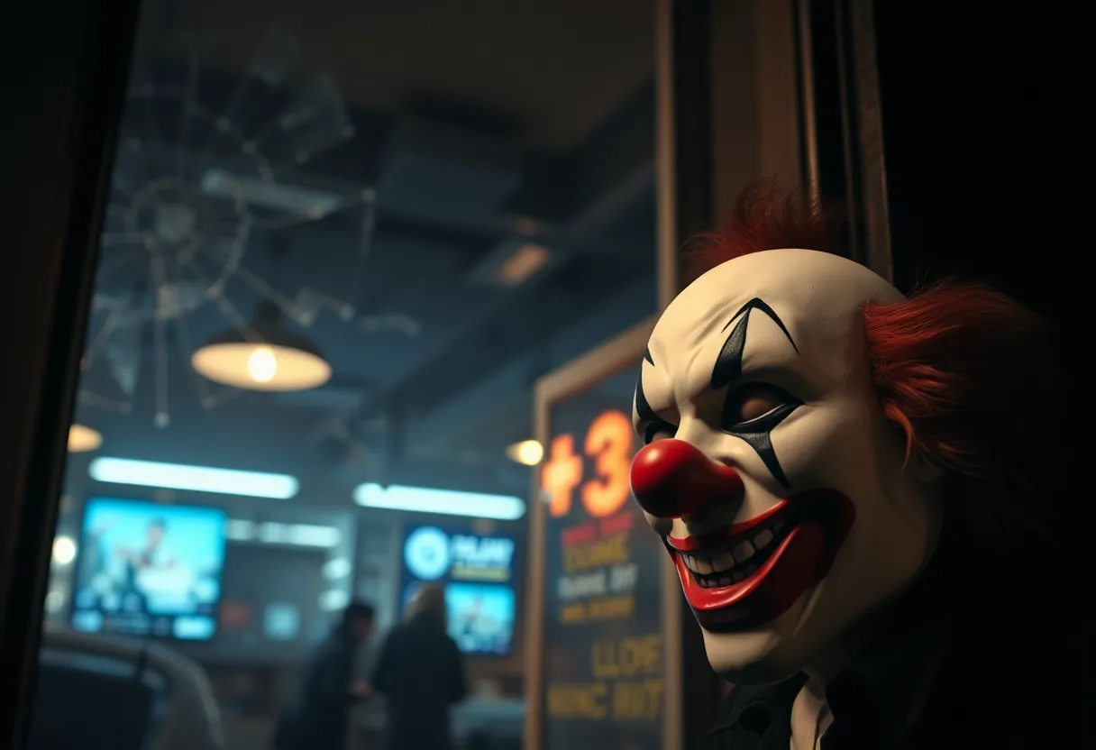 Scene of a burglary with a clown mask visible and shattered window.