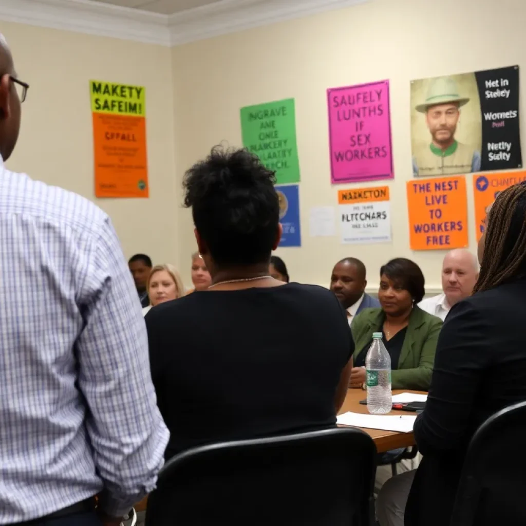 People at a community meeting in New Orleans about sex work legislation