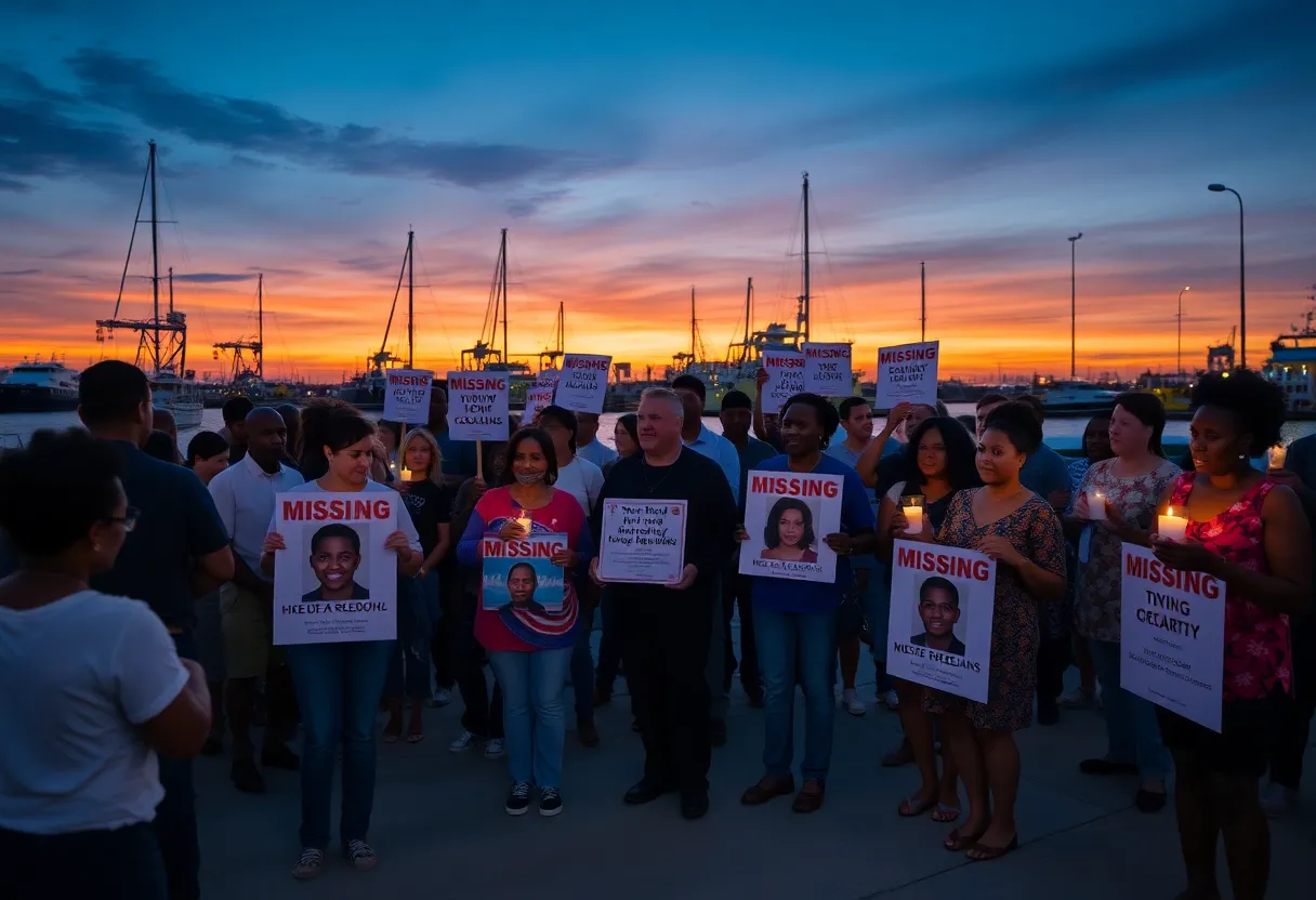 People gather in support for a missing person in New Orleans with candles and signs