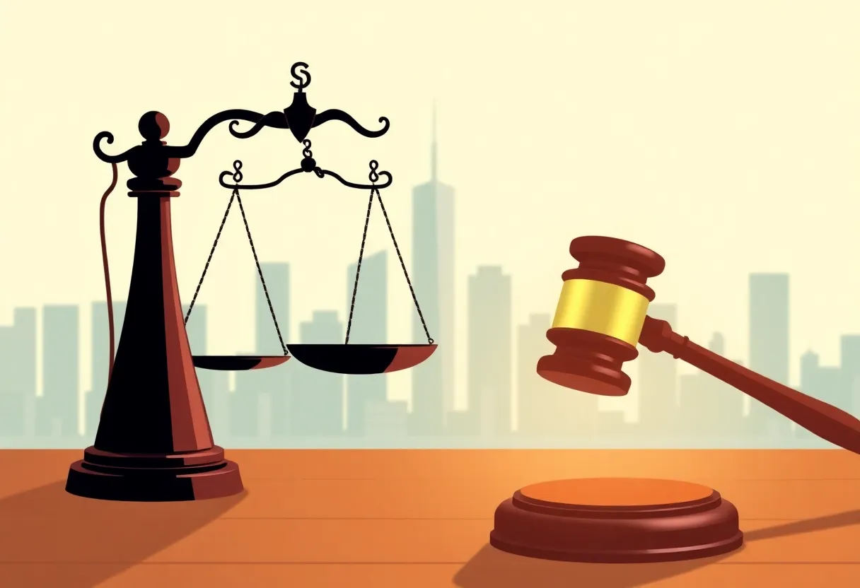 An illustration depicting corporate investigations with legal symbols like scales and a gavel.