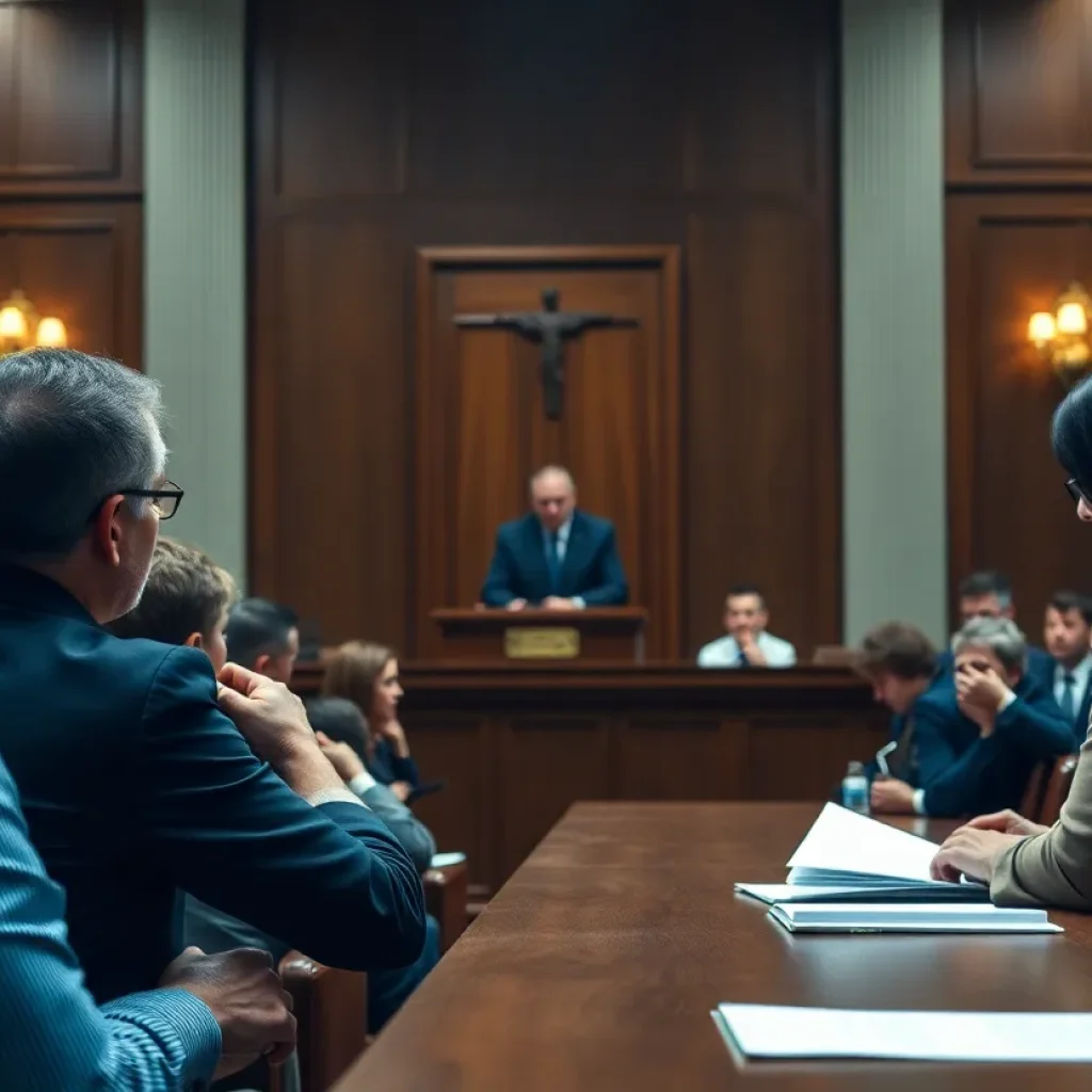 A courtroom scene representing a trial about first-degree murder.
