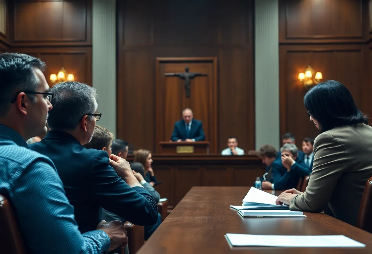 A courtroom scene representing a trial about first-degree murder.