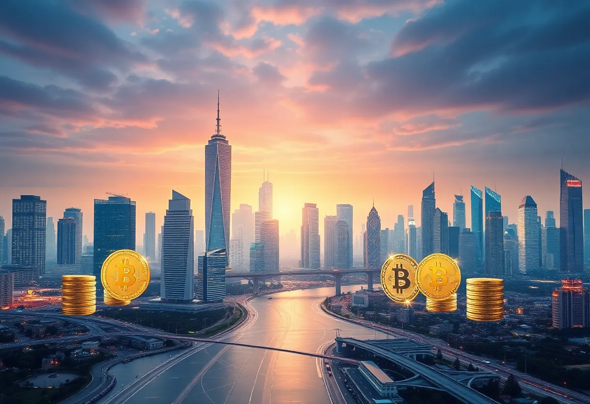 A digital illustration showcasing the concept of cryptocurrency regulation with symbols of various cryptocurrencies.