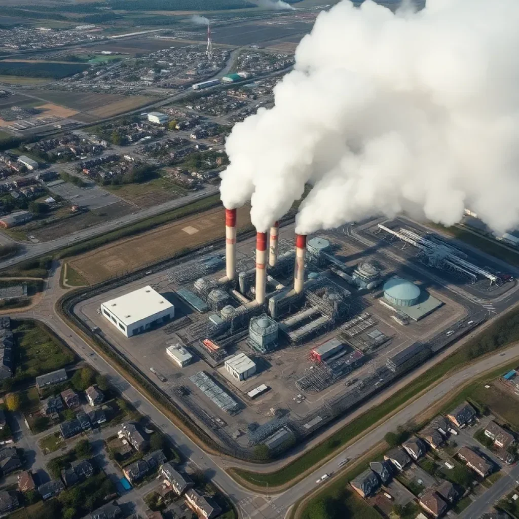 Aerial view of Denka Performance Elastomer petrochemical plant with smoke emissions.
