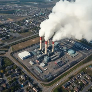 Aerial view of Denka Performance Elastomer petrochemical plant with smoke emissions.