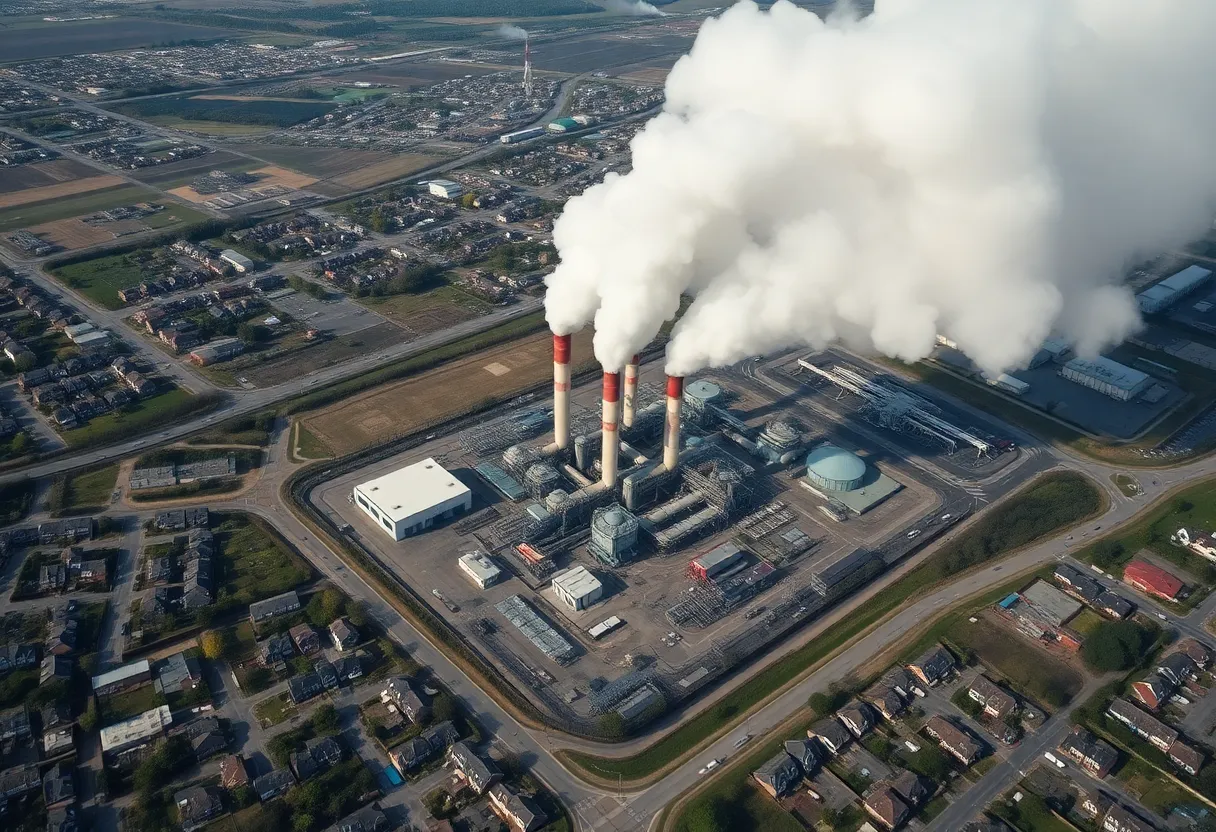 Aerial view of Denka Performance Elastomer petrochemical plant with smoke emissions.