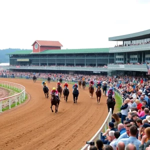 A lively scene at the Fair Grounds Race Course during a racing event