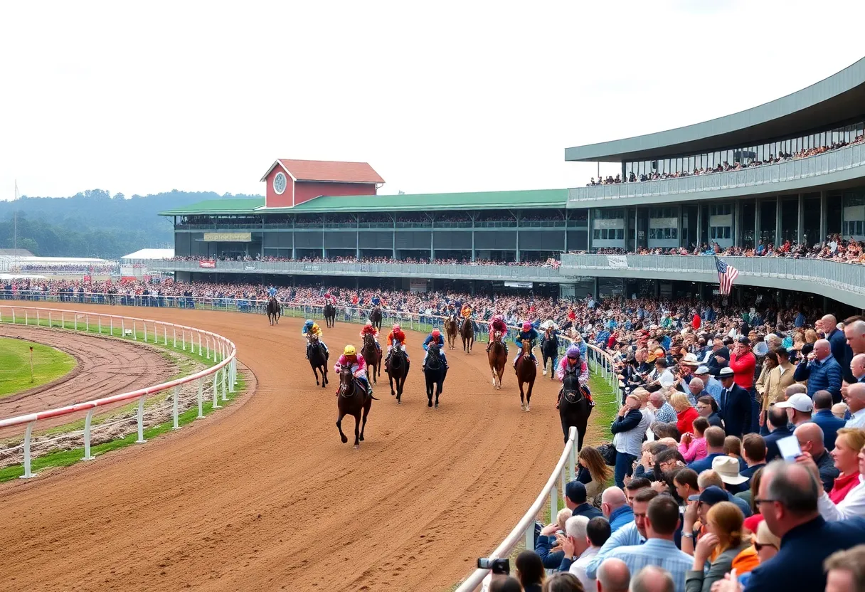 A lively scene at the Fair Grounds Race Course during a racing event