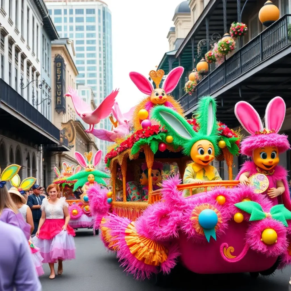 A colorful float in the French Quarter Easter Parade with people in costumes celebrating.