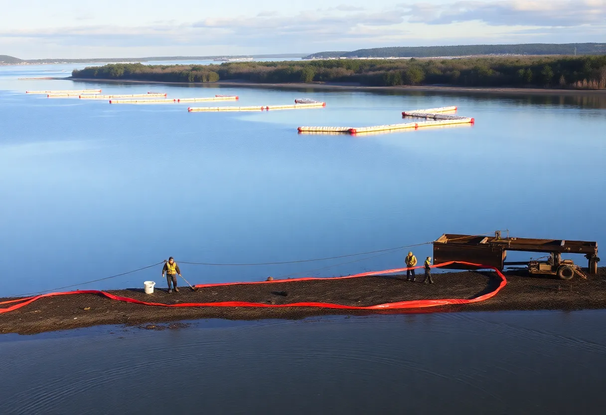 Workers conducting cleanup operations along Garden Island Bay following an oil spill.