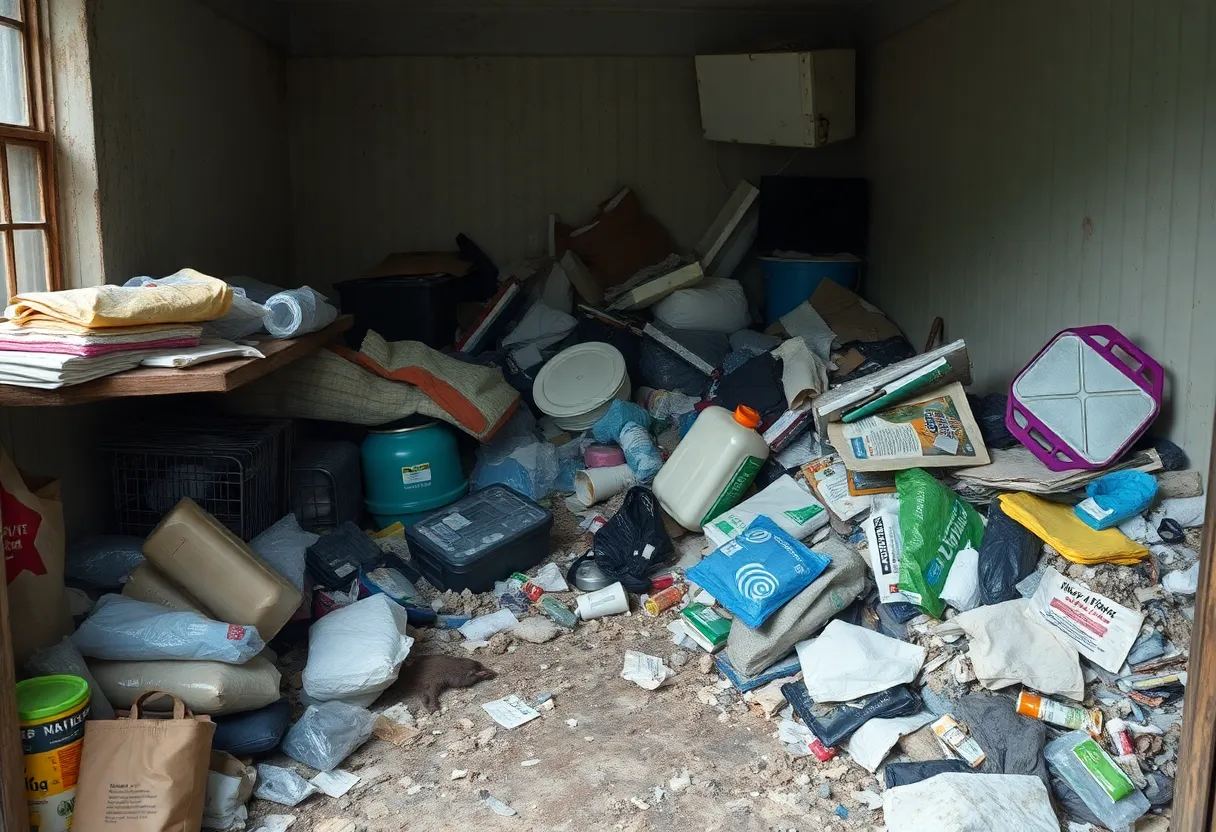 Cluttered and unsanitary home in New Orleans afflicted by extreme hoarding and neglect.