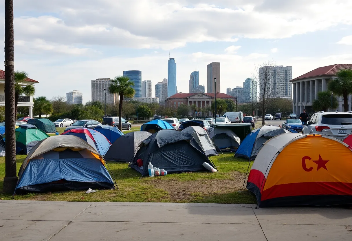 Homeless encampments in a public space in New Orleans with city buildings in the background.