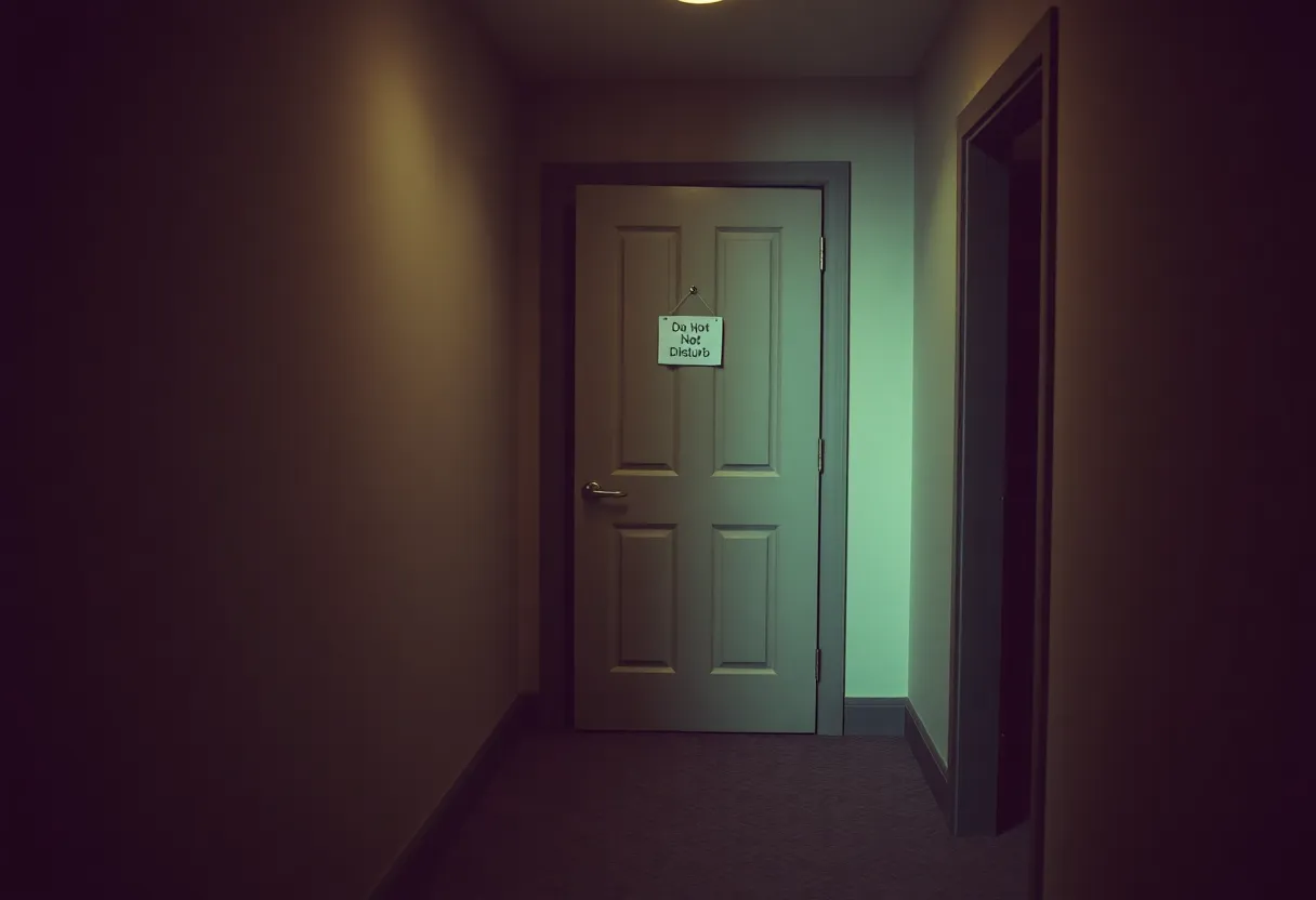 Empty hotel corridor displaying a 'Do Not Disturb' sign.