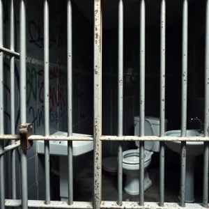 Interior view of a jail cell showing broken plumbing and graffiti.