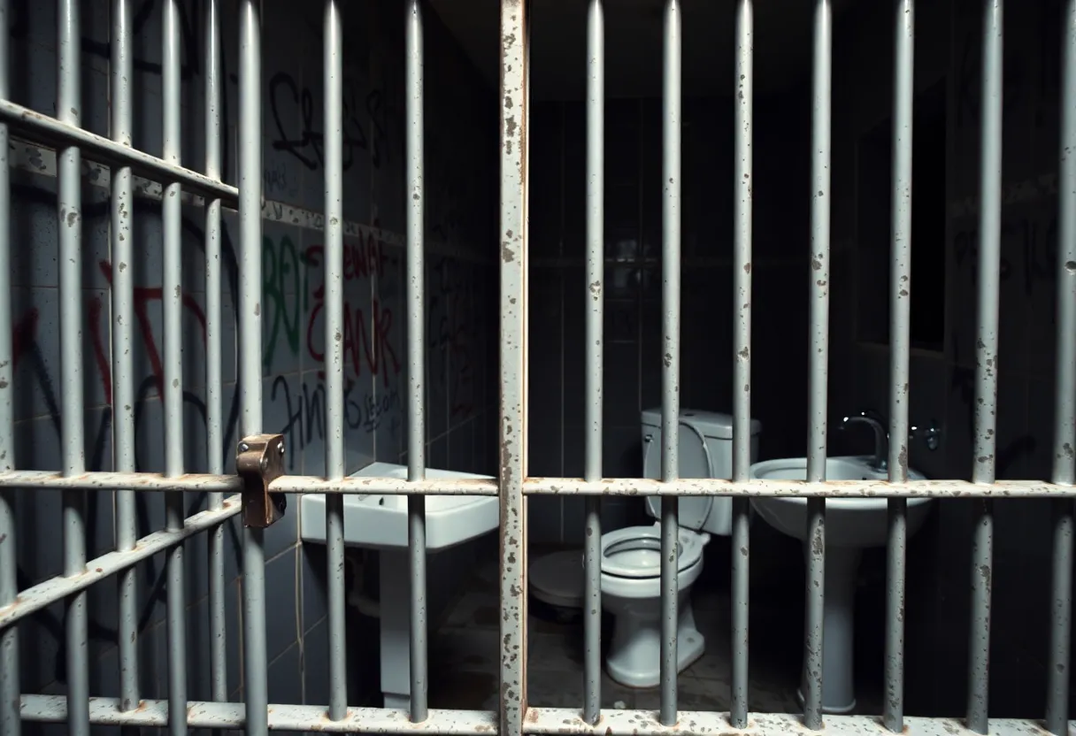 Interior view of a jail cell showing broken plumbing and graffiti.