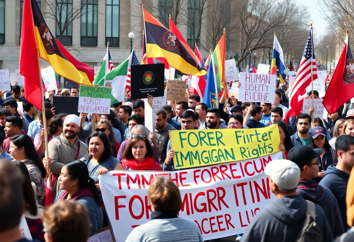 Protesters gather in Jena, Louisiana, holding signs in support of immigrant rights.