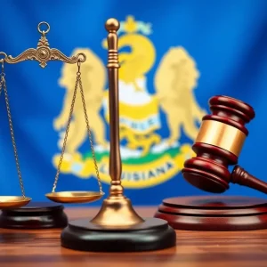 An artistic rendering symbolizing justice reform in Louisiana, featuring broken scales and a gavel.
