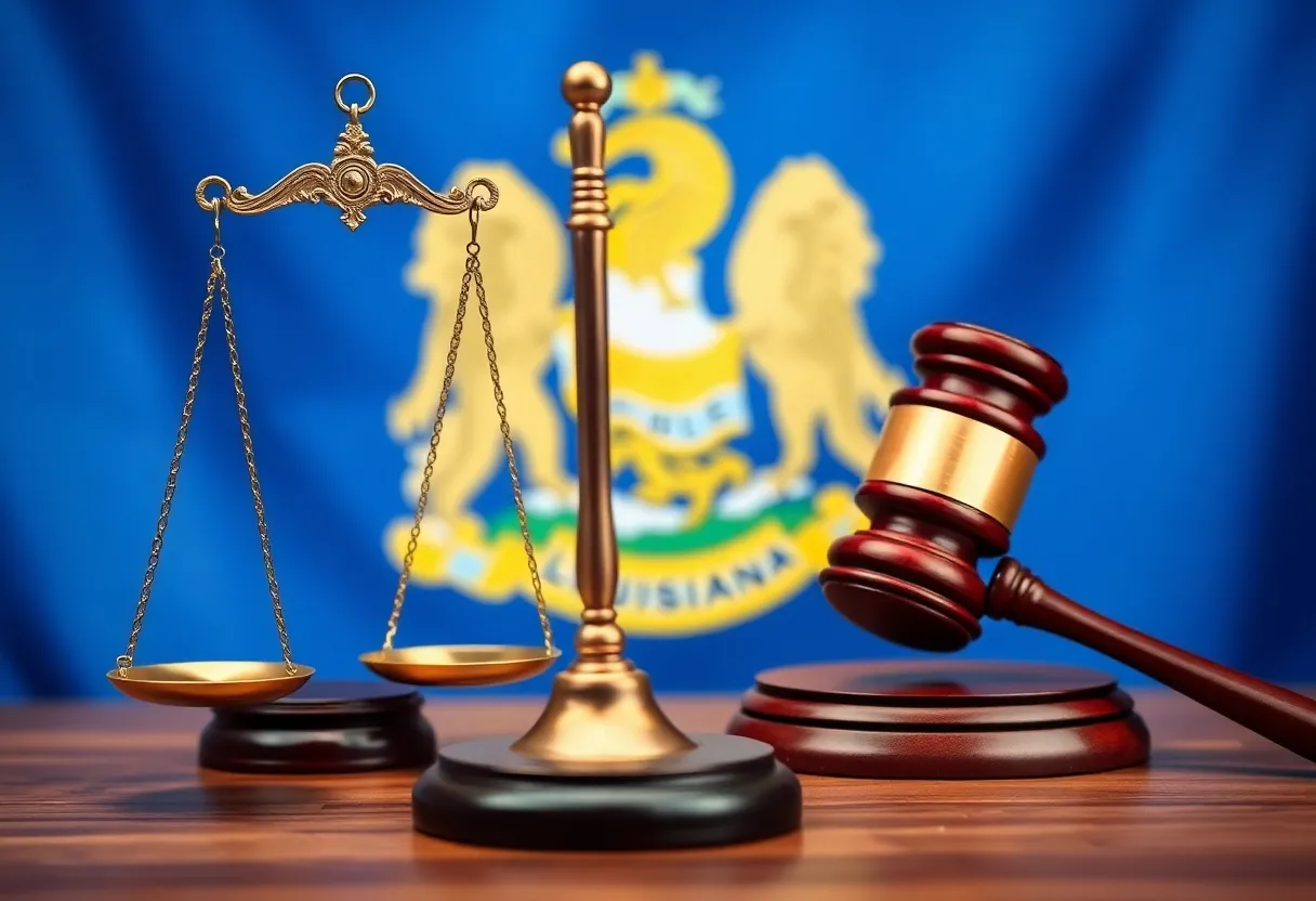 An artistic rendering symbolizing justice reform in Louisiana, featuring broken scales and a gavel.