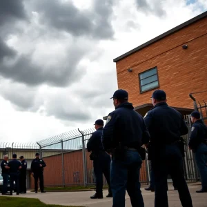 Law enforcement officers outside a prison securing the area after a jailbreak incident