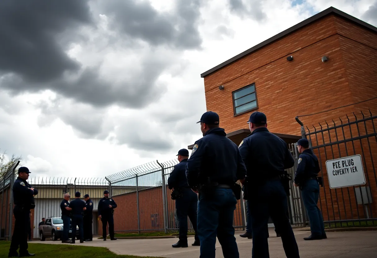 Law enforcement officers outside a prison securing the area after a jailbreak incident