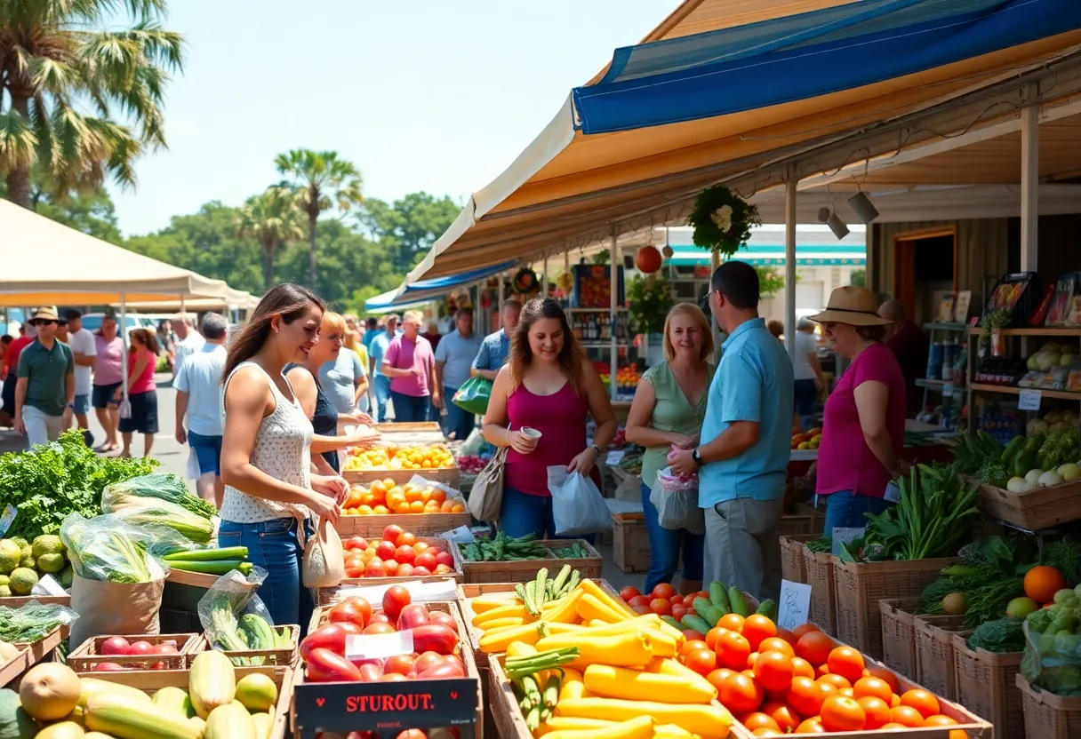 Families shopping at a local farmer's market in Louisiana