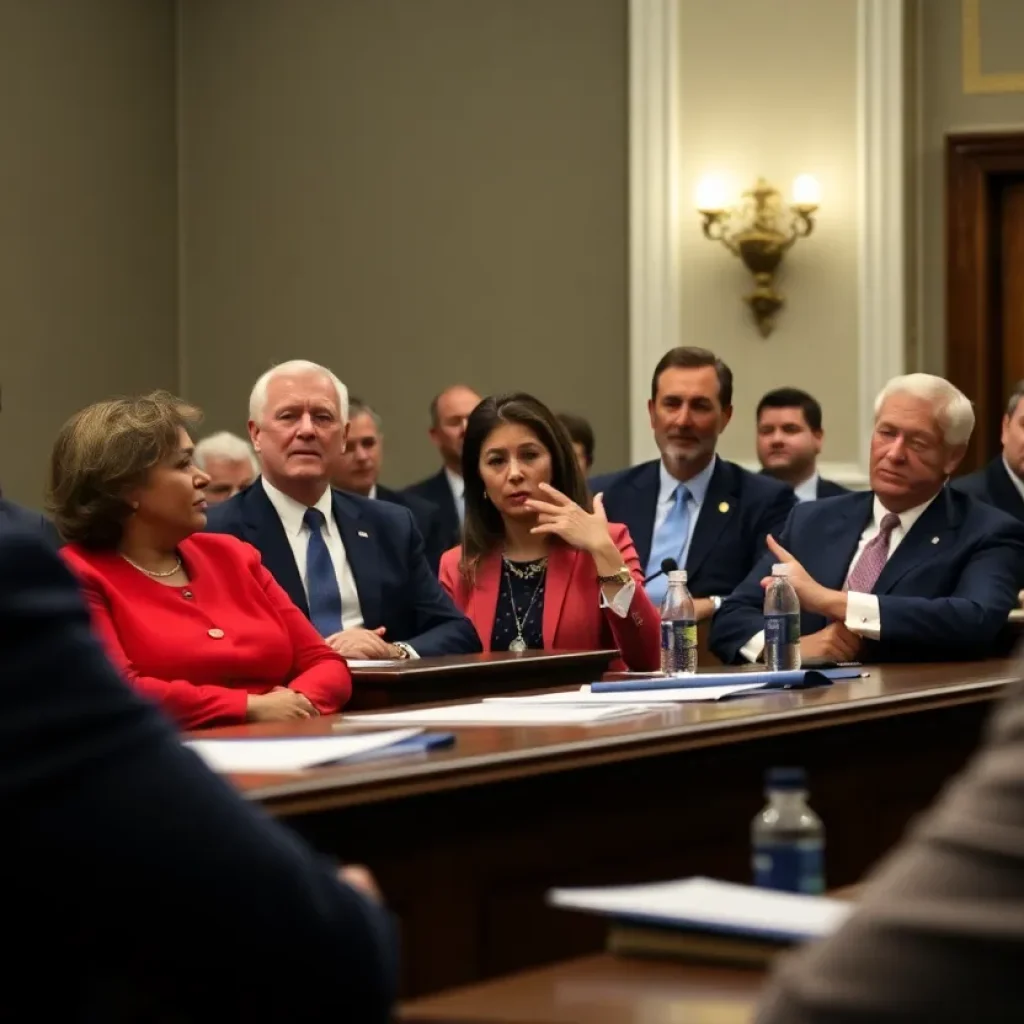 Legislators and community members engaging in a discussion during a hearing on carbon capture legislation in Louisiana.