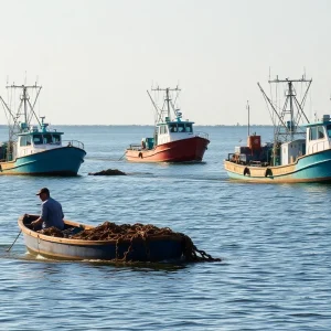 Fishing boats in Louisiana waters promoting sustainable practices.