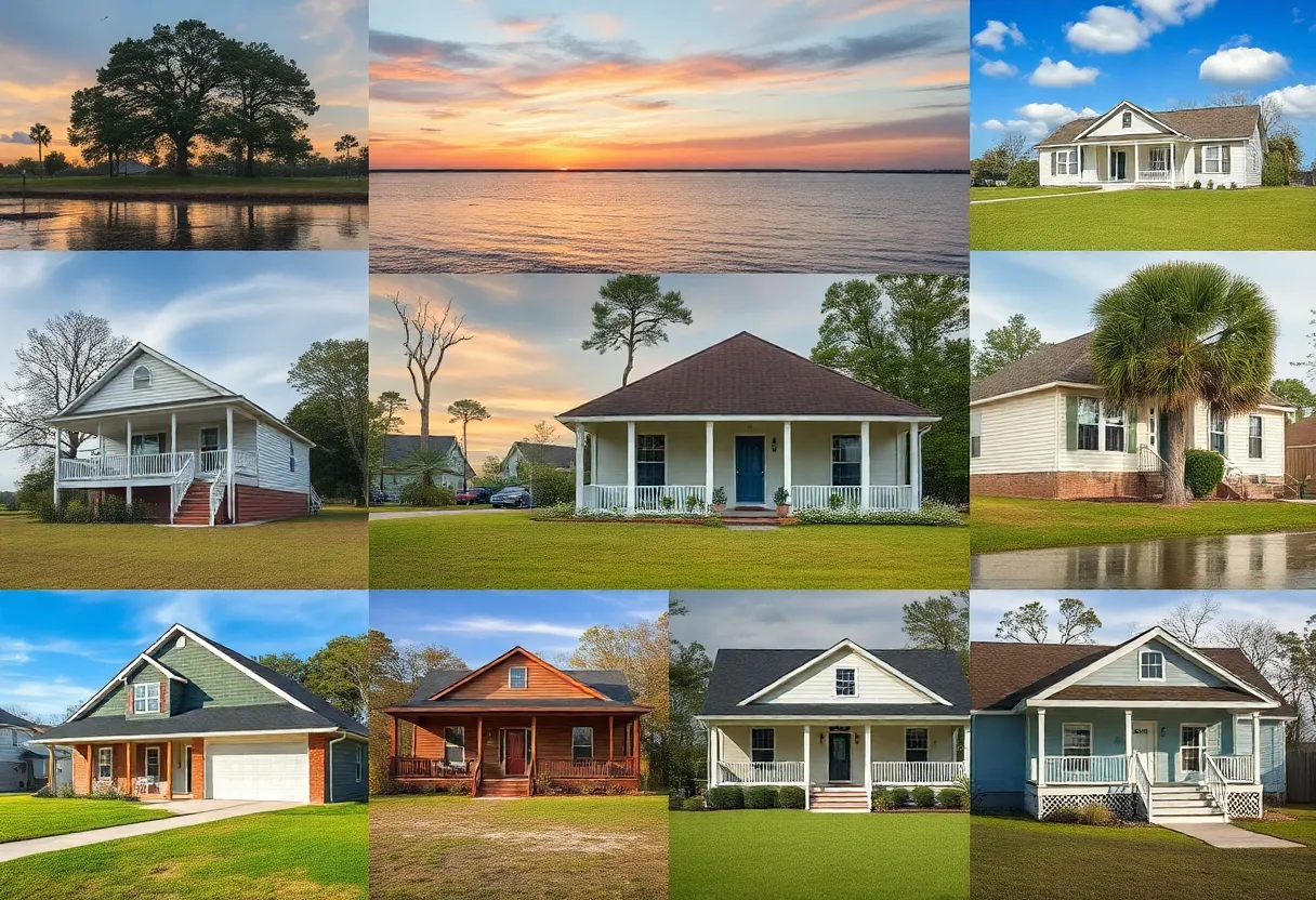 A representation of the insurance crisis in Louisiana with images of homes and legislative symbols.