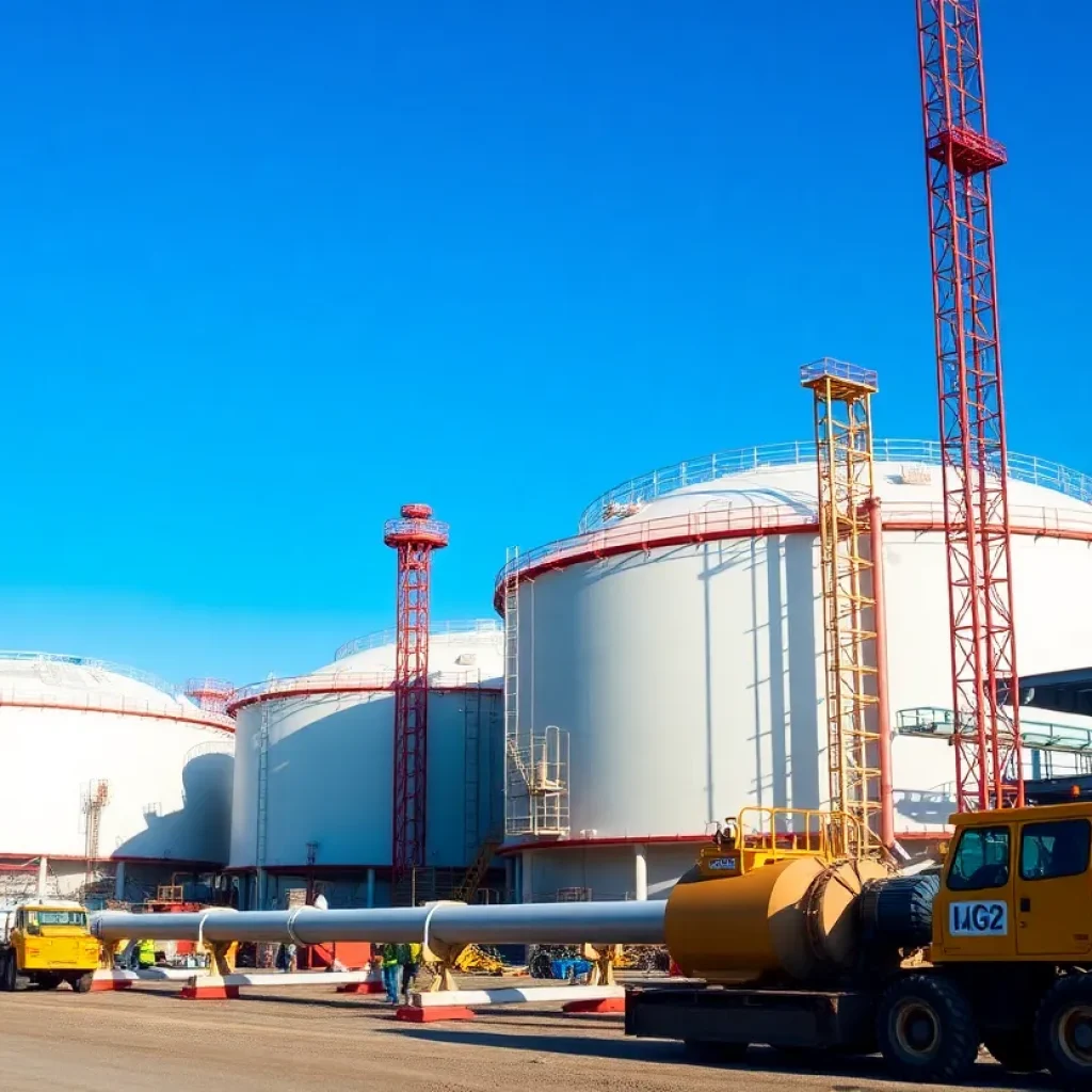 Construction site of the Louisiana LNG project with LNG storage tanks.