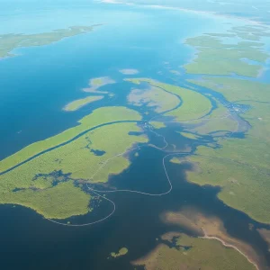 Aerial view of Louisiana marsh affected by oil spill with containment booms
