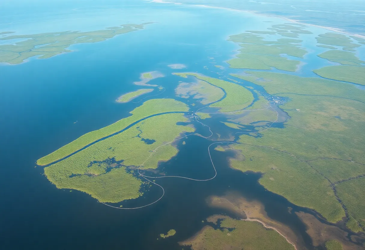 Aerial view of Louisiana marsh affected by oil spill with containment booms