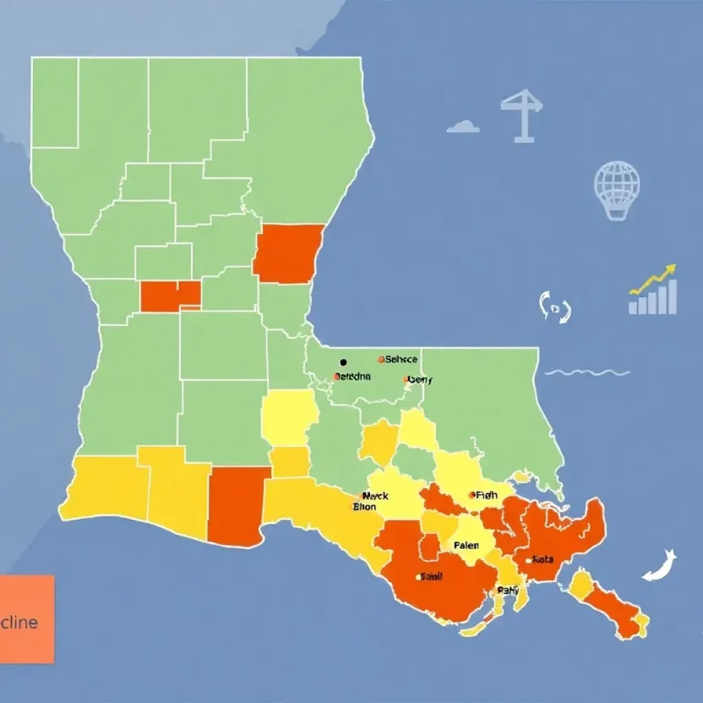 Map showcasing Louisiana's population trends and migration statistics.