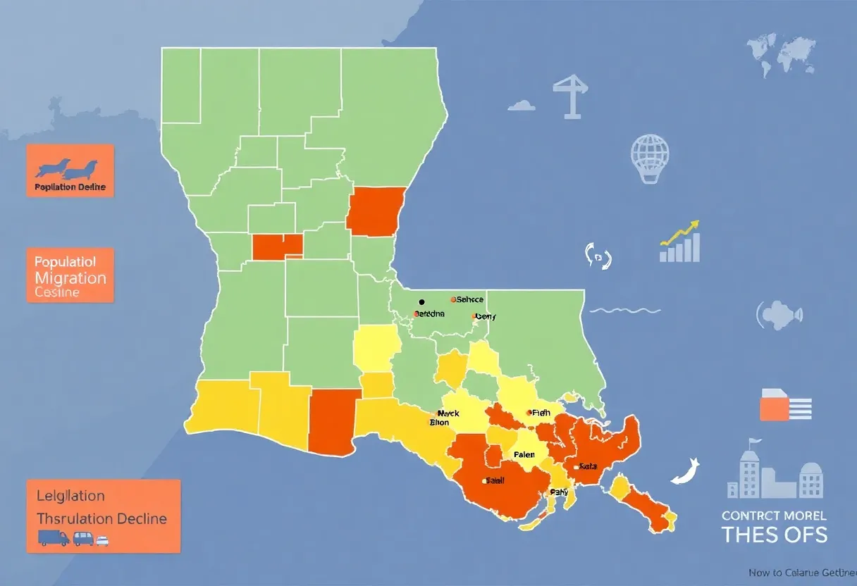 Map showcasing Louisiana's population trends and migration statistics.