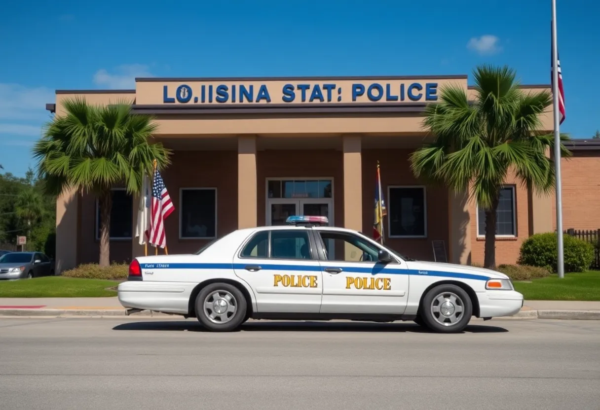 Exterior view of a Louisiana State Police station with civil rights symbols