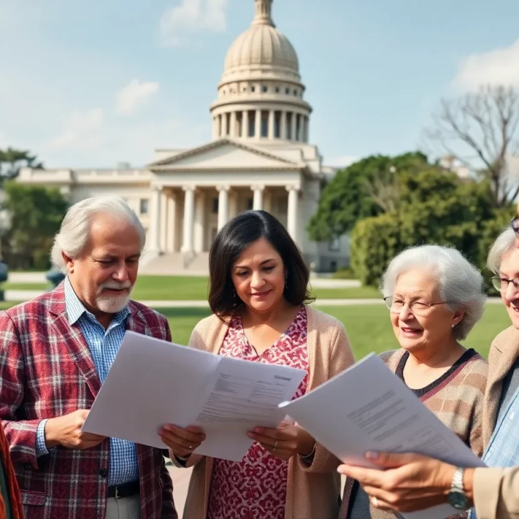 Group of seniors reviewing financial documents in front of Louisiana State Capitol