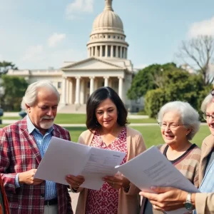 Group of seniors reviewing financial documents in front of Louisiana State Capitol